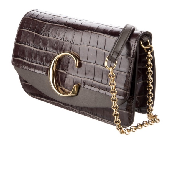 Chloé C Crocodile-Embossed Clutch With Gold Crossbody Chain - Picture 3 of 6